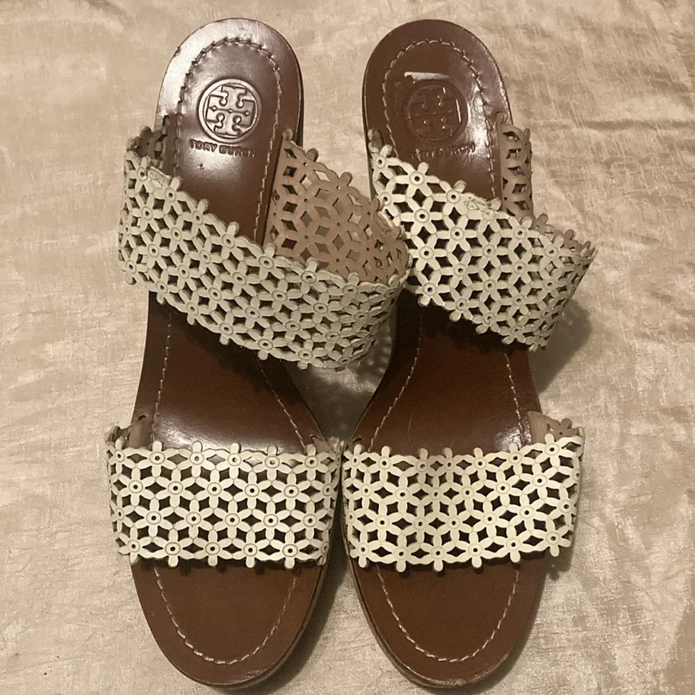 Tory Burch Floral Perforated Leather Wedge Sandal